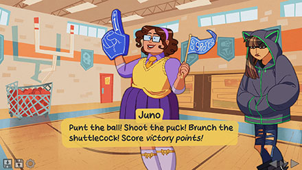 Screenshot of Cat next to Juno, who is waving a foam finger and a little flag reading 'Go sports!'. She says: Punt the ball! Shoot the puck! Brunch the shuttlecock! Score victory points!